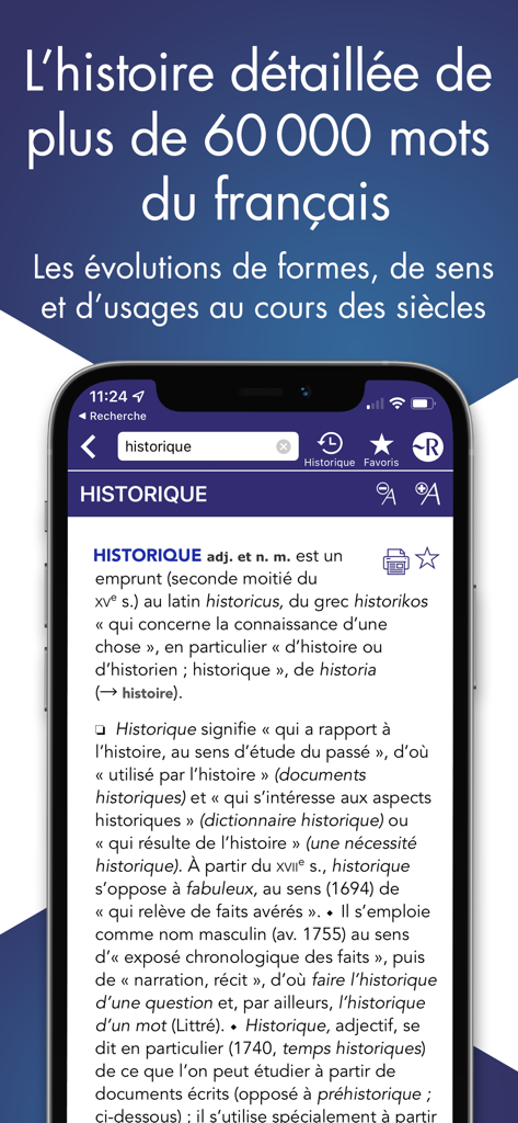 Dictionnaire Robert Historique - Screenshot of the Dictionnaire Robert Historique app showing a detailed historical word entry on an iPhone