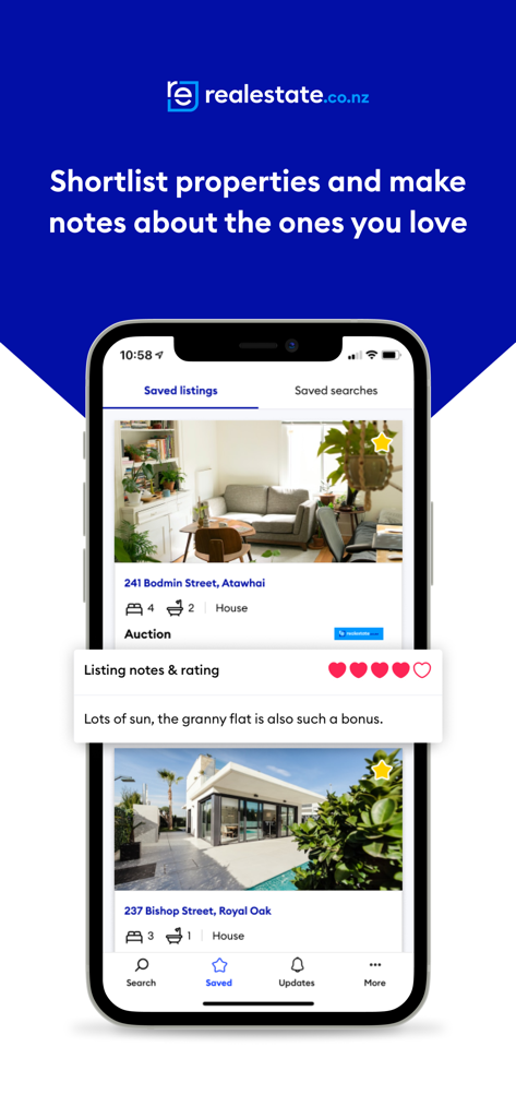 Realestate - Interface of the Realestate.co.nz app showing a shortlist of saved properties with custom notes and a star rating system.
