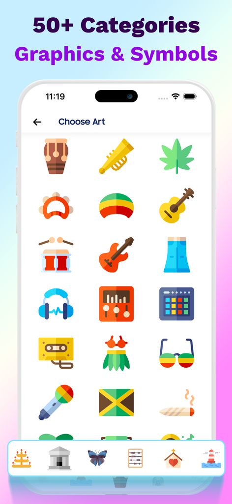 LogoX - AI Logo Maker - Interfaz de la aplicación LogoX mostrando una amplia selección de iconos y elementos gráficos para la creación de logos
