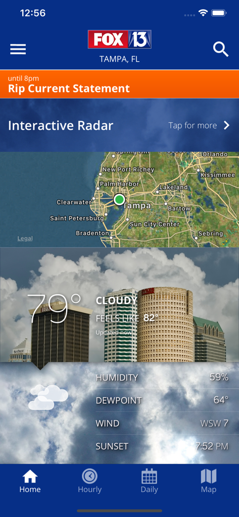 Fox 13 Tampa SkyTower weather app home screen with interactive radar and current temperature