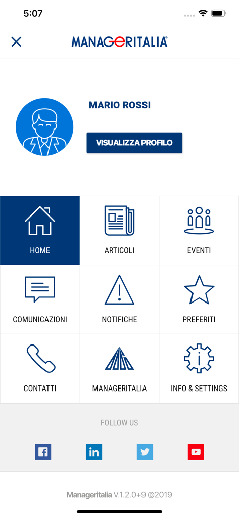Schermata iniziale dell'app mobile Manageritalia che mostra il profilo utente e le icone del menu di navigazione
