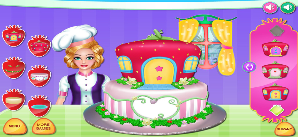 Cooking strawberry short cake - A girl chef next to a large decorated strawberry house cake with customization menus