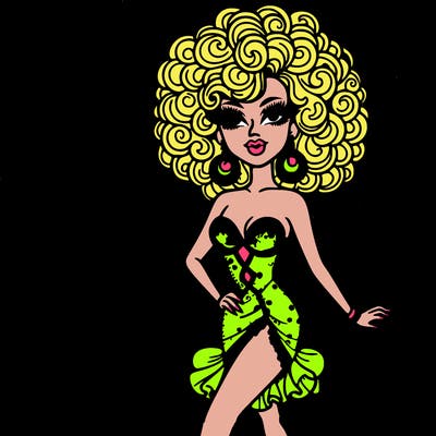 detailed glamorous early 20s drag queen with a big bouncy curly wig in a bar and a small petite waist party dress