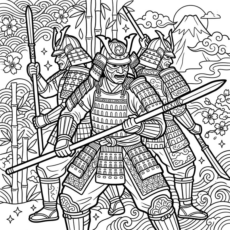 Journey to feudal Japan with this striking coloring page featuring Yari Spearsmen, legendary samurai warriors wielding their formidable spears. Designed for teens, its intricate details and traditional Japanese backdrop offer an engaging and culturally rich creative challenge.