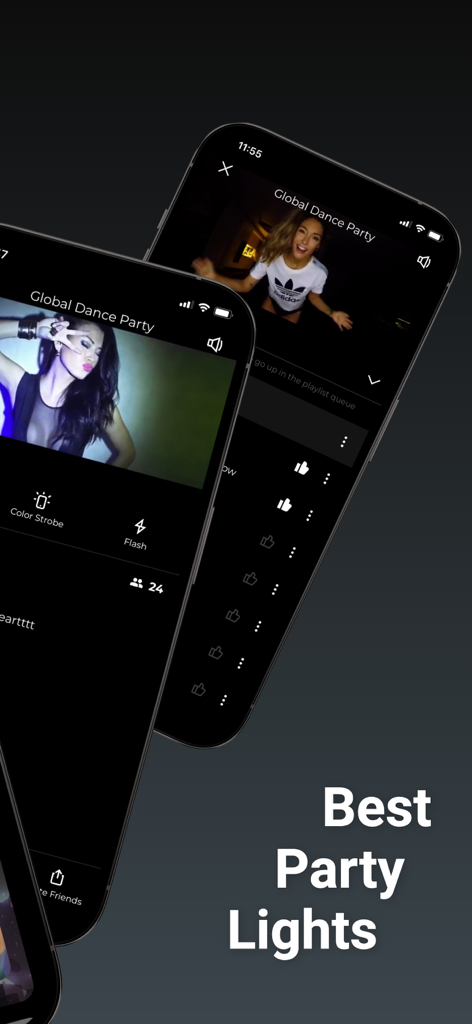 Strobe Light - Flash Beats - Interface of Flash Beats app showing Global Dance Party videos and synchronized strobe light features.
