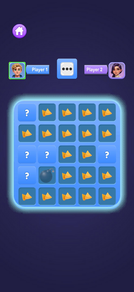 Bomb Chip Battle: 2 Player - Tela de jogo de Bomb Chip Battle mostrando uma grade de peças de lanche com uma bomba escondida para dois jogadores