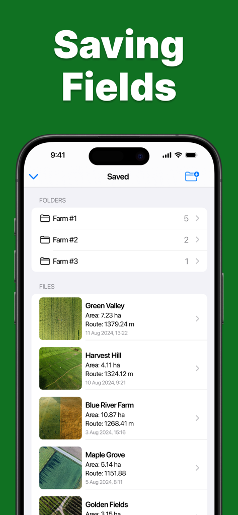 Tractor GPS - Interface de l'application GPS Tracteur montrant une liste de parcelles agricoles enregistrées organisées en dossiers avec des données de surface et de parcours
