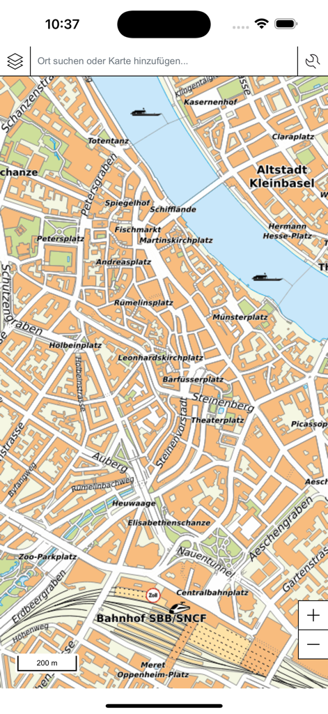 Eine detaillierte offizielle Stadtanzeigeschnittstelle von Basel, Schweiz, die Straßen und Sehenswürdigkeiten in der Basel Stadtplan App zeigt