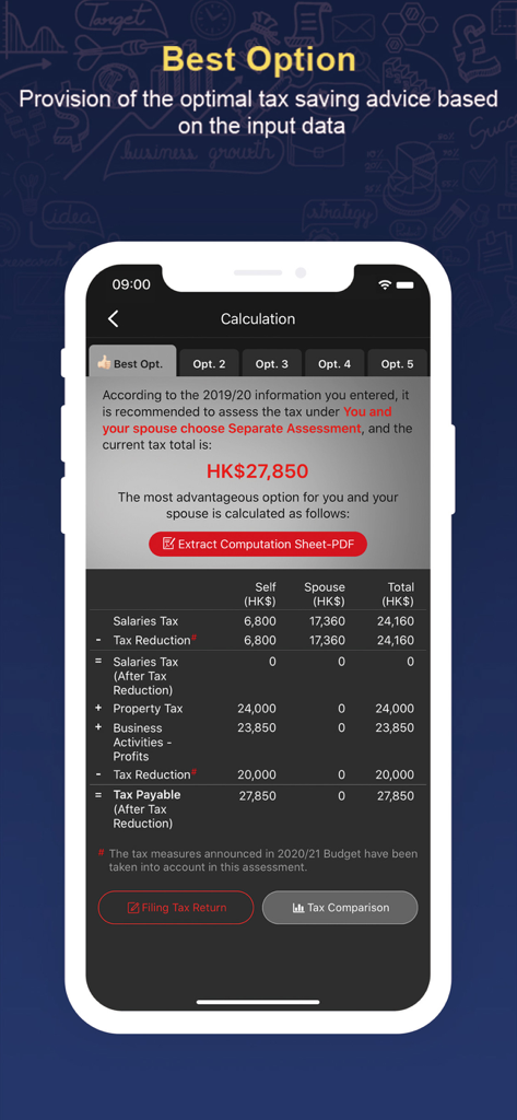HK Salaries Tax Calculator - Interfaz de la aplicación Calculadora de Impuestos sobre el Salario de HK que muestra consejos óptimos para el ahorro de impuestos y resultados de cálculo detallados