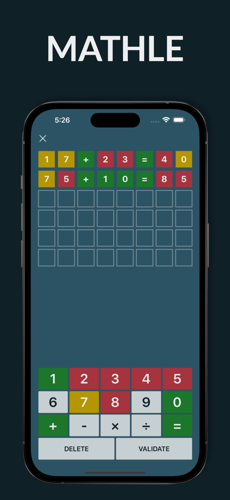 Interfaccia del gioco mobile Mathle su un iPhone che mostra un puzzle di deduzione numerica con tessere colorate di verde, giallo e rosso