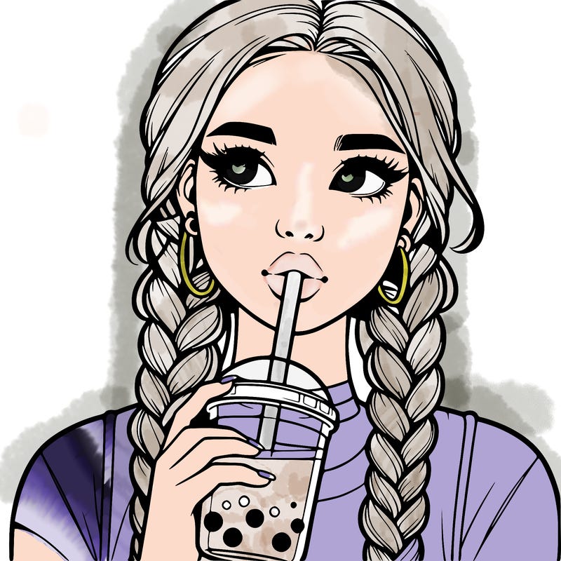 realistic girl with braided hair drinking boba