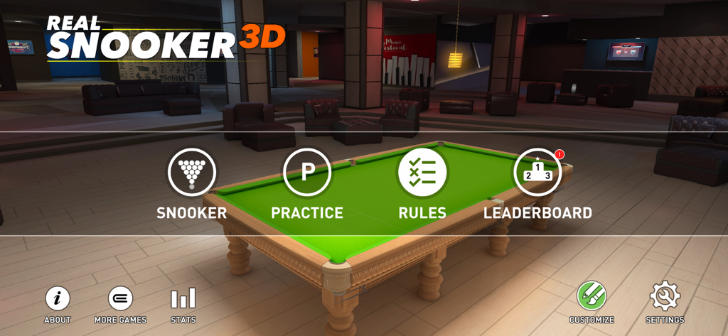 Menú principal del juego Real Snooker 3D con una mesa de snooker 3D realista y modos de juego