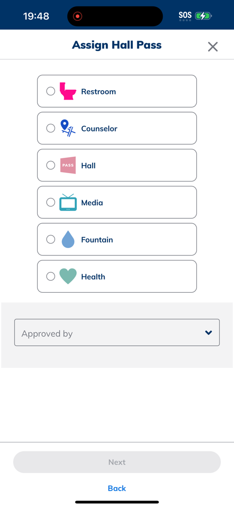 Digital hall pass assignment screen in the Minga app showing options for restroom counselor media and health office