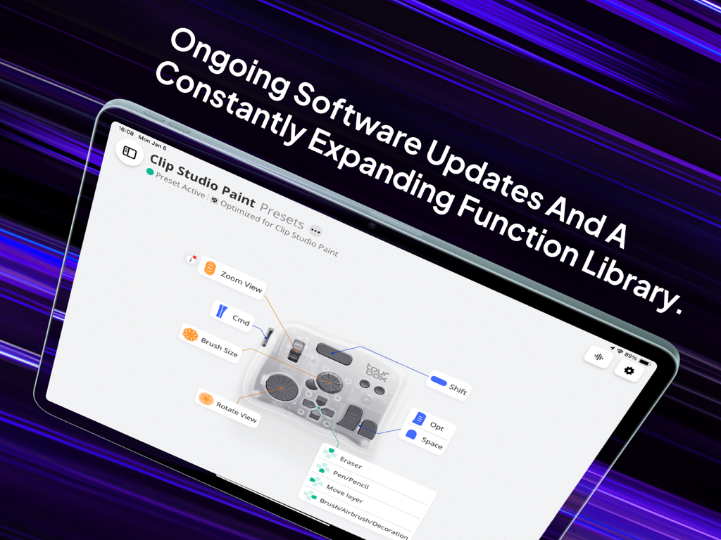 TourBox Console - Interface de l'application TourBox Console sur iPad montrant le mappage des boutons et les préréglages pour Clip Studio Paint