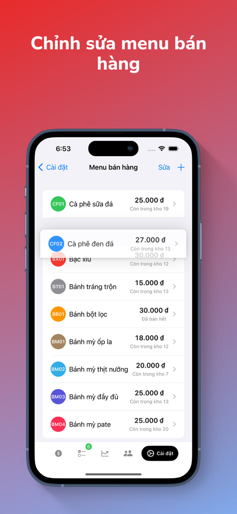Interface do aplicativo móvel para edição de um menu de vendas com itens de comida e preços