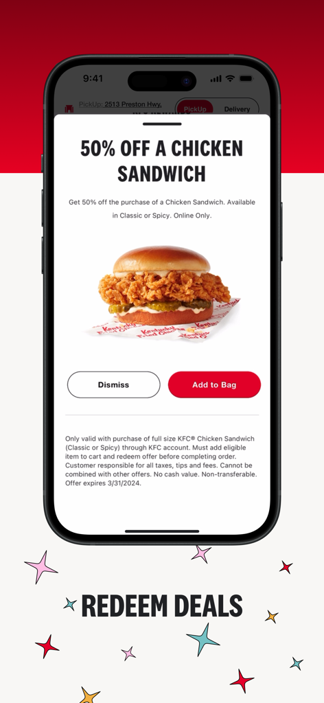 KFC US app promotional screen showing a 50 percent discount on a chicken sandwich