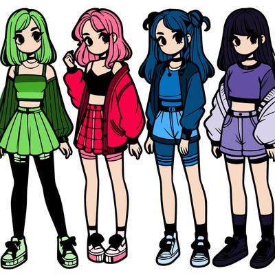 one girl with crop-top shirt and a jacket with a skirt, long socks and another girl with a shirt and pants with a jacket