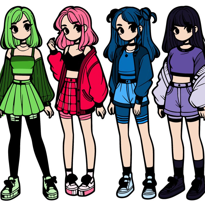 one girl with crop-top shirt and a jacket with a skirt, long socks and another girl with a shirt and pants with a jacket