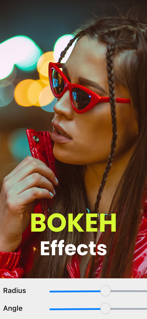 Motion Blur Photo Editor - プロフェッショナルなボケ背景ぼかし効果を備えた、赤いサングラスの女性のポートレート。