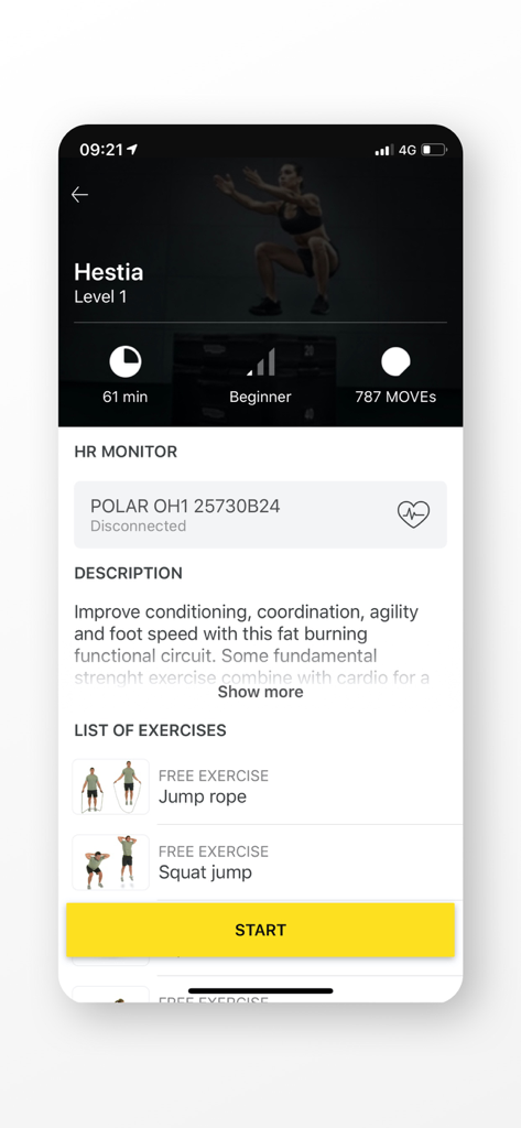 L'app Mywellness mostra la schermata di allenamento Hestia con durata, livello di difficoltà e un elenco di esercizi tra cui salto della corda e squat jump.