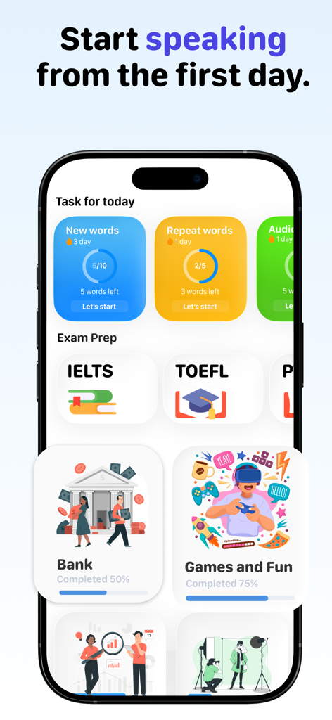 Learn English: Vocabulary - Panel de control de la aplicación Learn English Vocabulary que muestra tareas de aprendizaje diarias, opciones de preparación de exámenes y categorías de vocabulario.