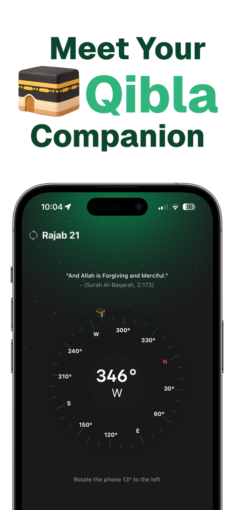 The Qibla: Direction & Times - Pantalla de iPhone mostrando una aplicación minimalista de brújula de dirección Qibla con tema oscuro y fecha islámica
