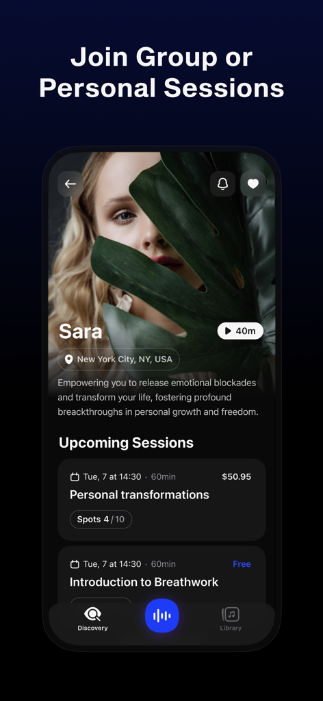 9D Breathwork app screen showing options to join group or personal sessions with certified facilitators