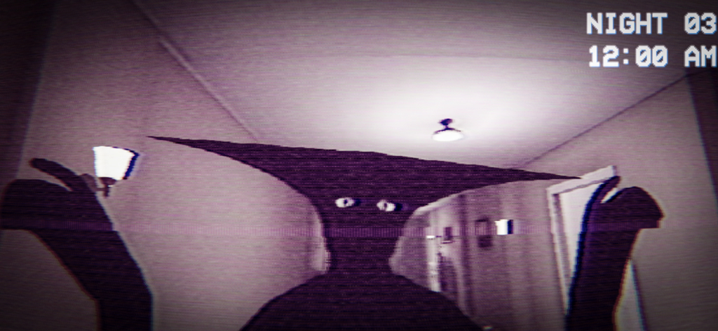 Boisvert Analog Horror Game - A grainy VHS style screenshot of a dark triangular headed shadow entity in a hallway during night three of the Boisvert Analog Horror Game.