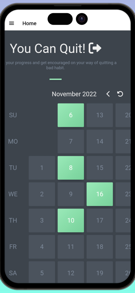 Sobriety tracker app calendar showing successful progress days
