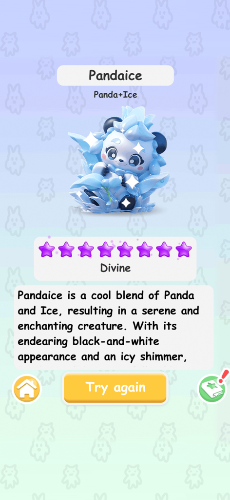 A cute light blue crystalline panda character named Pandaice with a divine star rating in the Mix Monster app
