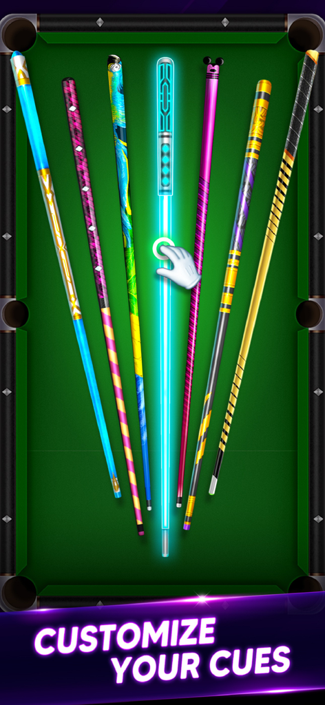 Pool Clash: 8 Ball Pool Game - Una variedad de tacos de billar coloridos y estilizados mostrados en una mesa de billar verde.