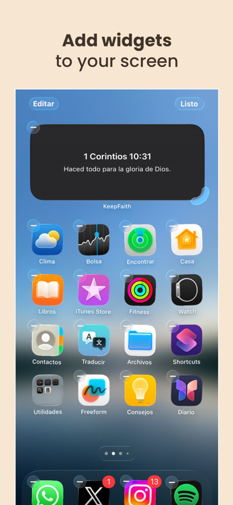 KeepFaith - Daily Bible verses - An iPhone home screen showing a KeepFaith daily Bible verse widget with a scripture from 1 Corinthians 10:31