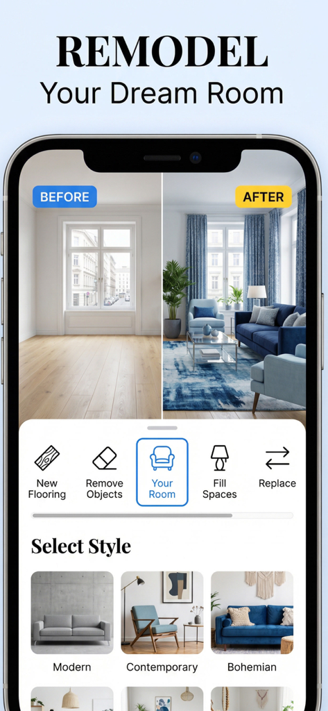 AI Home Design: Makeover,Decor - Aplicación de diseño de interiores con IA que muestra una habitación transformada de antes y después, de vacía a completamente amueblada.