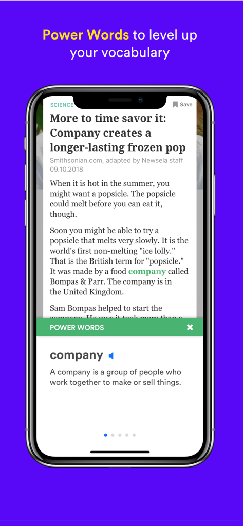 Newsela Student - Pantalla de la aplicación Newsela Estudiante que muestra un artículo con la herramienta de vocabulario de Palabras Clave.