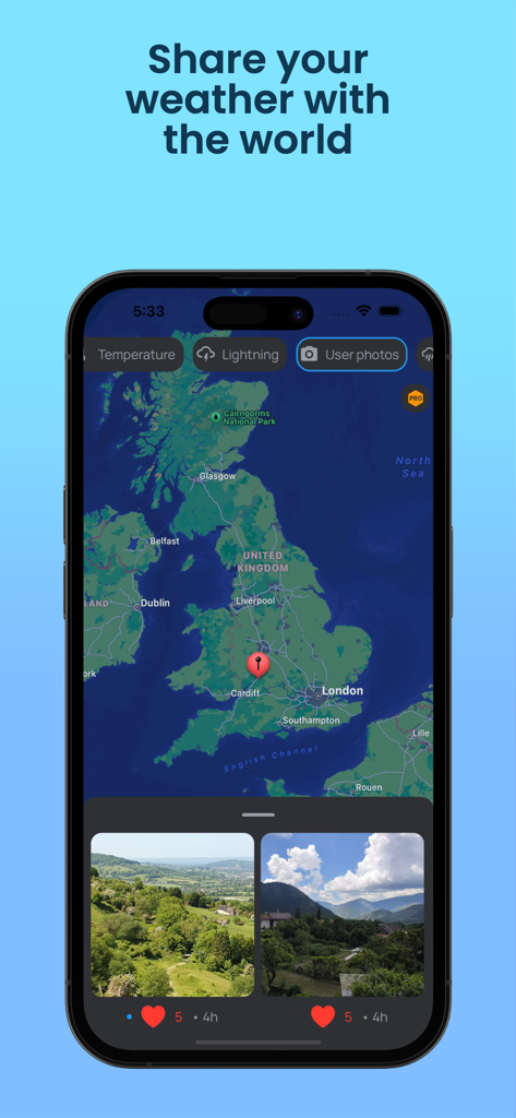 Rain Radar App - Rain Radar app interface showing a weather map of the United Kingdom with user shared landscape photos.