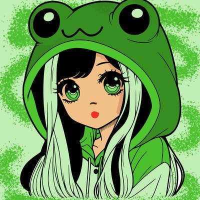 a pretty girl wearing a frog hoodie portrait with long hair