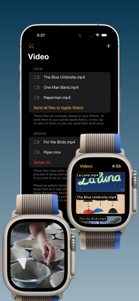 Player for Watch - Interface of Player for Watch showing video file syncing from iPhone to Apple Watch and video playback on the watch.
