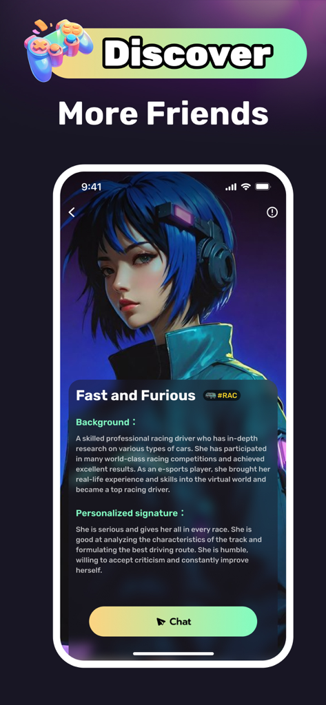 A profile of a blue haired AI character named Fast and Furious in the AICht app