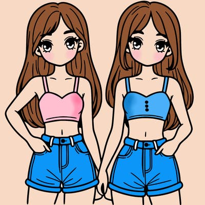 two sisters with crop tops and jean shorts and straight hair
