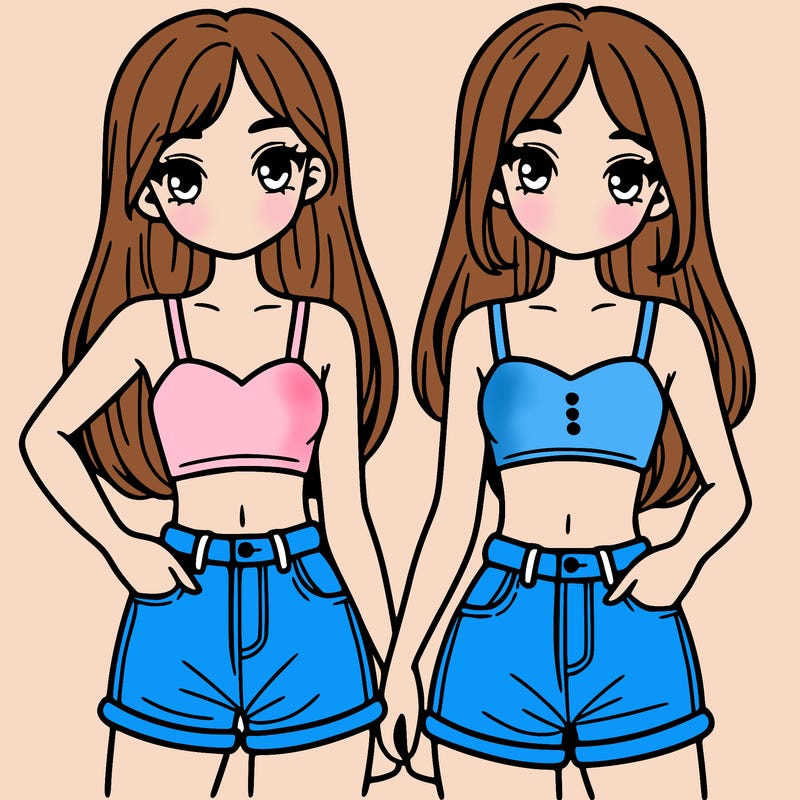two sisters with crop tops and jean shorts and straight hair