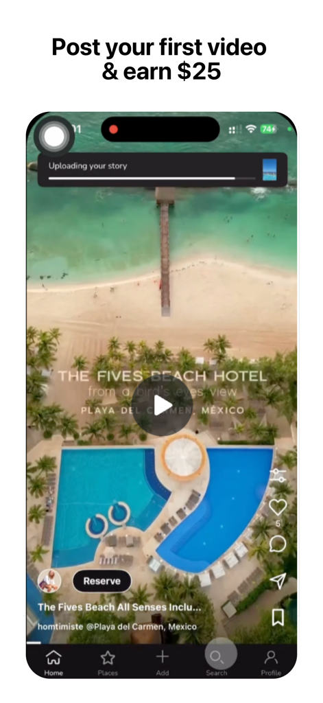 A screenshot of the Roomer app interface showing a hotel video upload and a promotional message to earn 25 dollars for posting your first video.