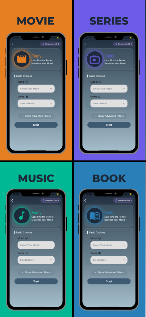 Four smartphone screens showing mood and genre selection for movies series music and books within the Feely app