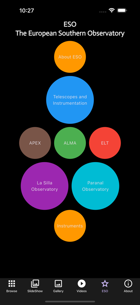 Galaxies: Spectacular - Uma tela de menu no aplicativo Galáxias Espetacular exibindo bolhas de informação para projetos do Observatório Europeu do Sul como ALMA e Paranal.