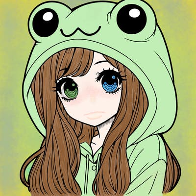 a pretty girl wearing a frog hoodie portrait with long hair