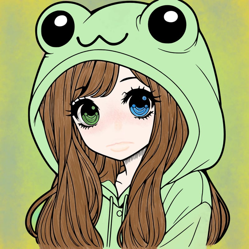 a pretty girl wearing a frog hoodie portrait with long hair
