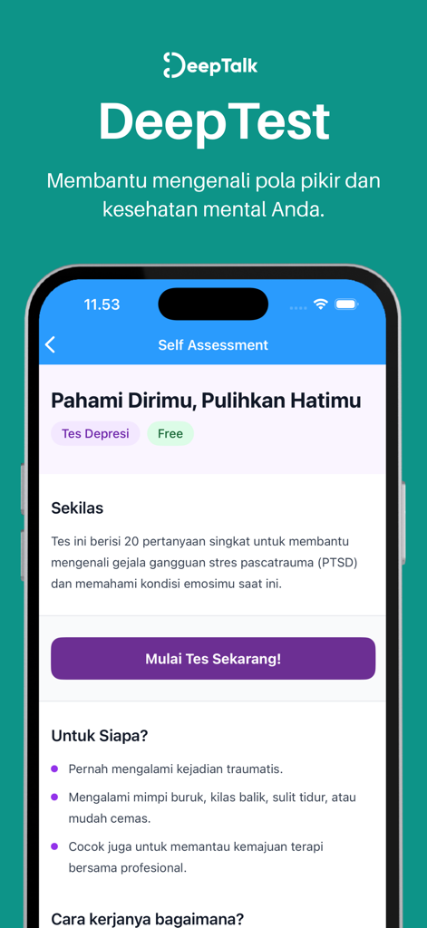 DeepTalk - Mental Health App - Captura de tela do aplicativo DeepTalk mostrando a avaliação psicológica DeepTest e o recurso de autoteste de depressão.