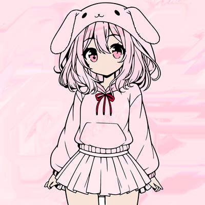 pretty anime girl wearing a fluffy hoodie with bunny ears on the hood and a skirt