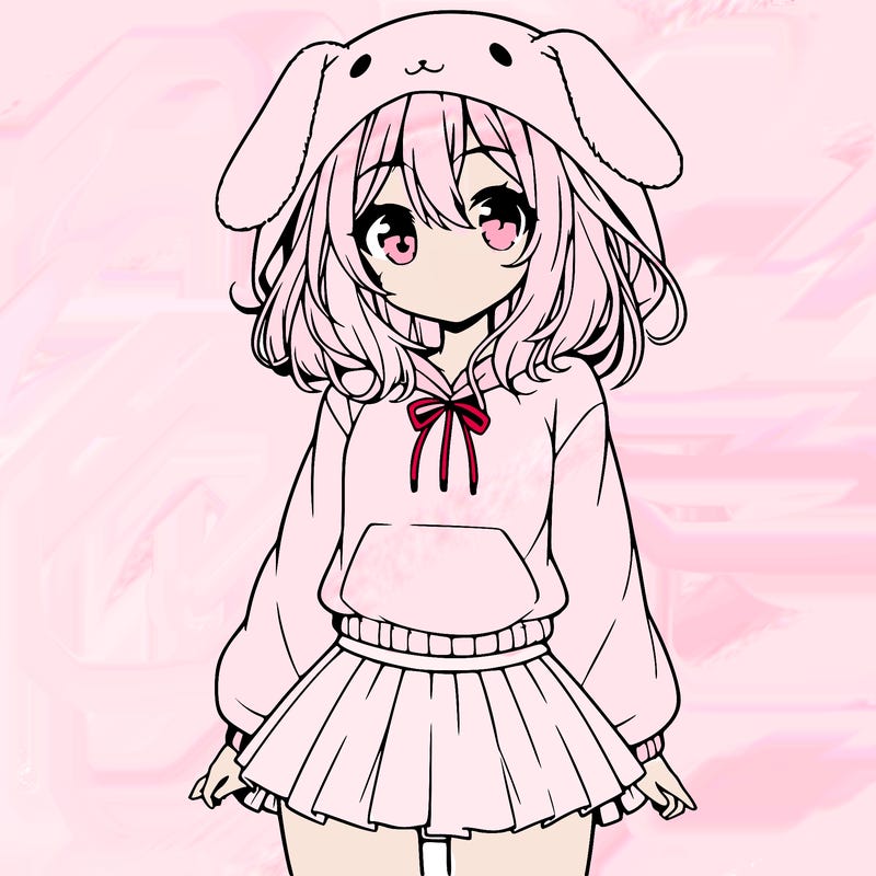 pretty anime girl wearing a fluffy hoodie with bunny ears on the hood and a skirt