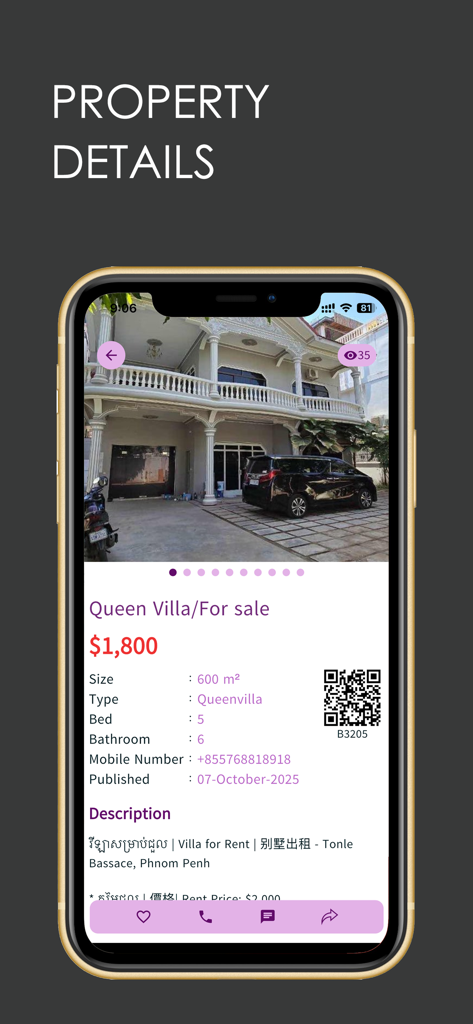 BAYON APP - Uma interface móvel do BAYON APP exibindo detalhes de propriedade para uma vila, incluindo preço e tamanho.