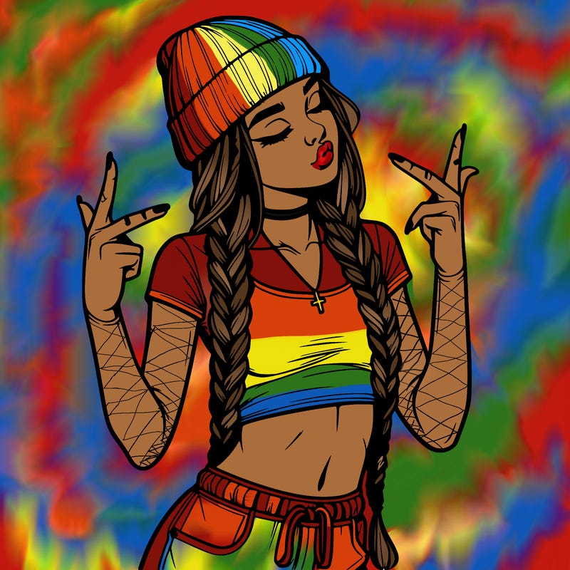 realistic teenage girl with braids and a beanie and crop top doing 🫶🏼